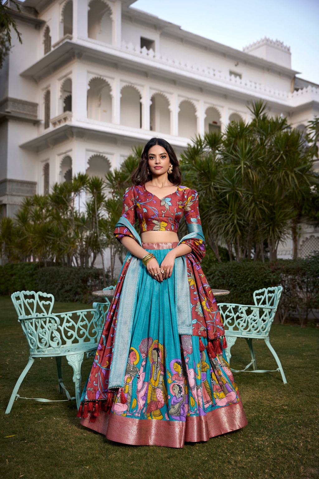 Lorenvalley Firozi Dola Silk with Jacquard Printed (Kalamkari) with Zari Weaving Border Lehenga Choli