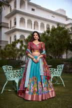 Lorenvalley Firozi Dola Silk with Jacquard Printed (Kalamkari) with Zari Weaving Border Lehenga Choli