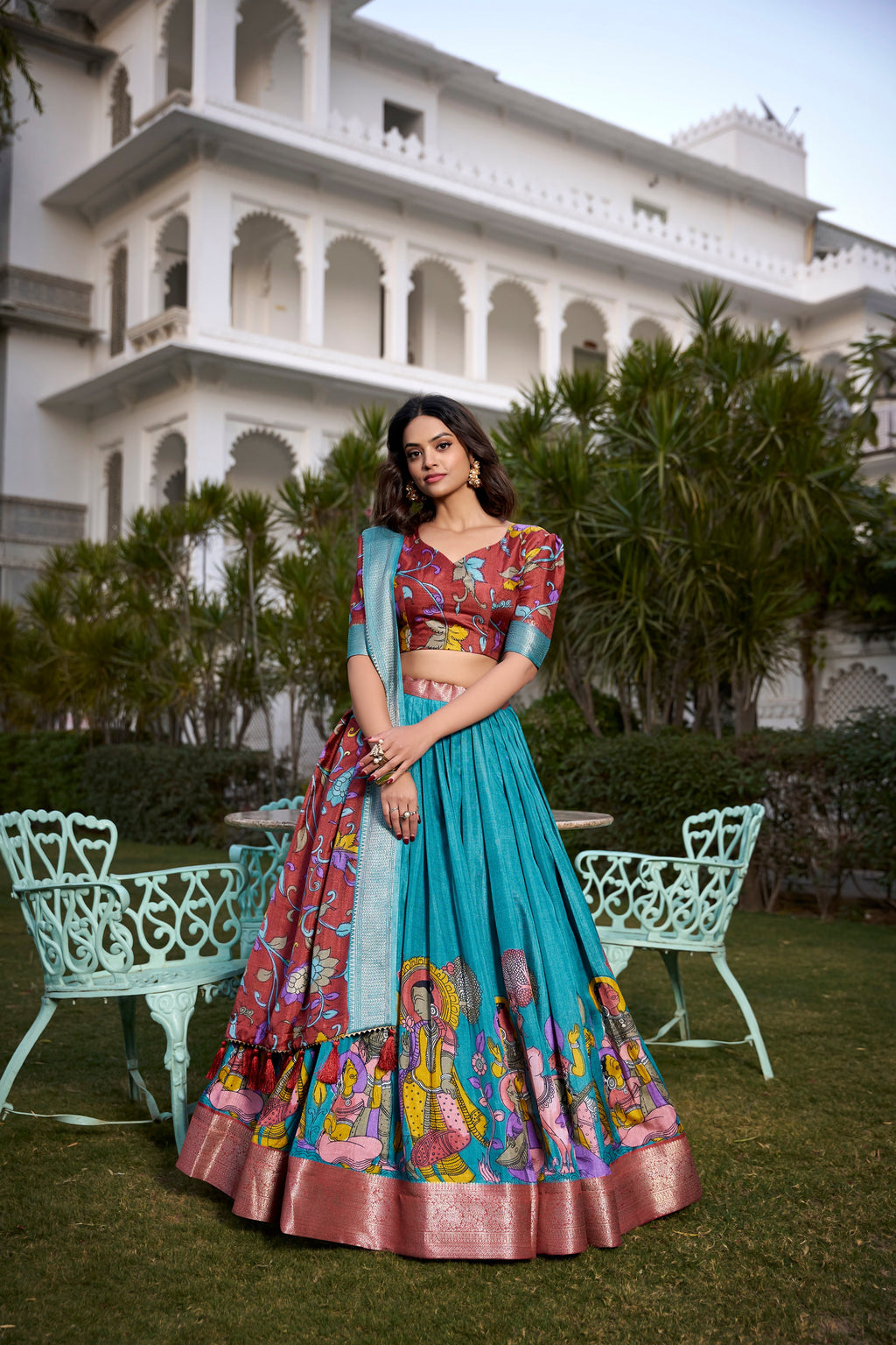 Lorenvalley Firozi Dola Silk with Jacquard Printed (Kalamkari) with Zari Weaving Border Lehenga Choli