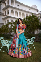 Lorenvalley Firozi Dola Silk with Jacquard Printed (Kalamkari) with Zari Weaving Border Lehenga Choli