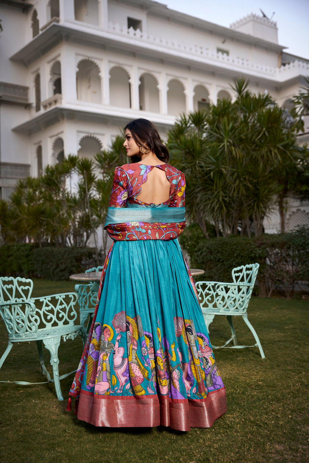 Lorenvalley Firozi Dola Silk with Jacquard Printed (Kalamkari) with Zari Weaving Border Lehenga Choli