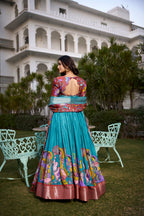 Lorenvalley Firozi Dola Silk with Jacquard Printed (Kalamkari) with Zari Weaving Border Lehenga Choli