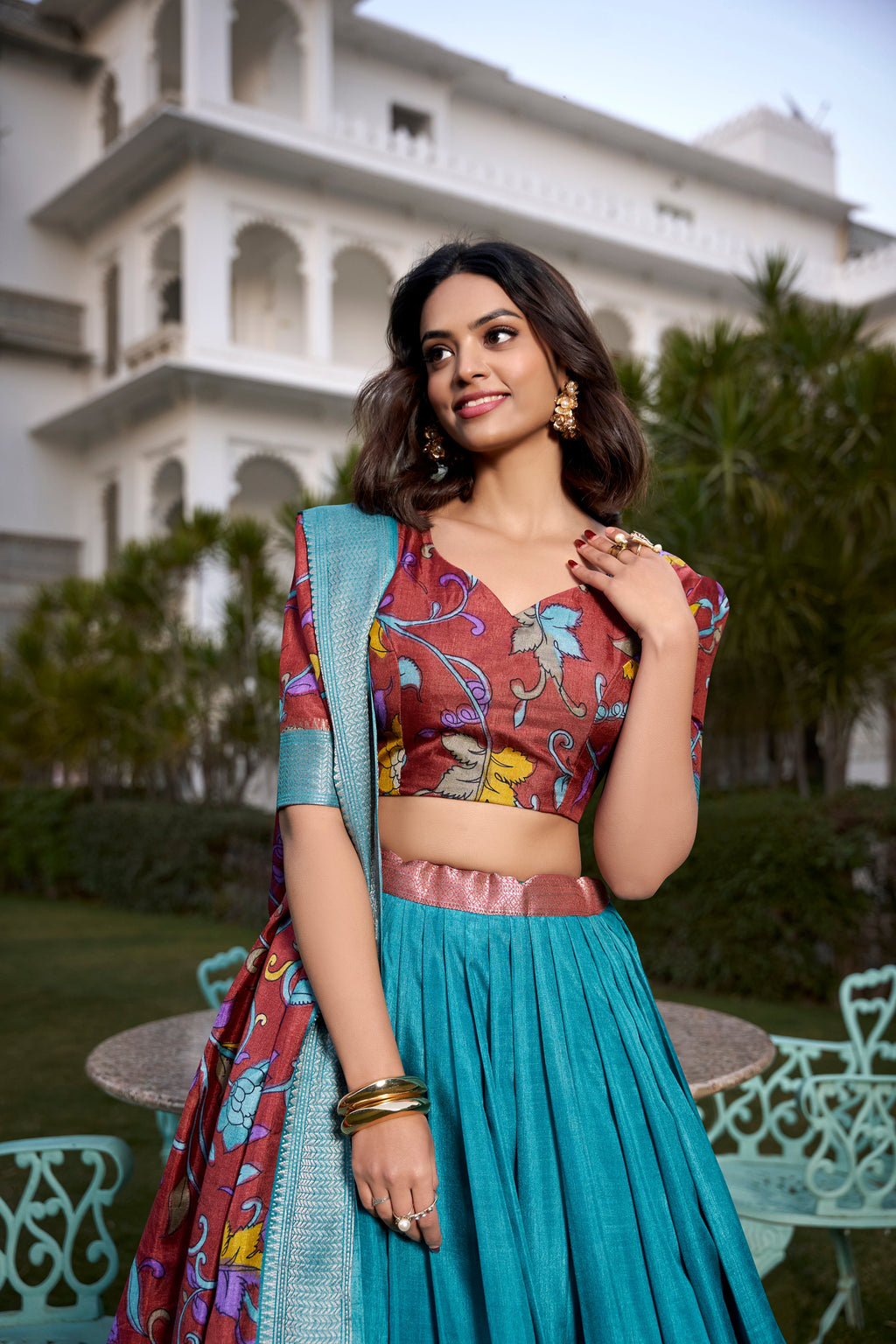 Lorenvalley Firozi Dola Silk with Jacquard Printed (Kalamkari) with Zari Weaving Border Lehenga Choli