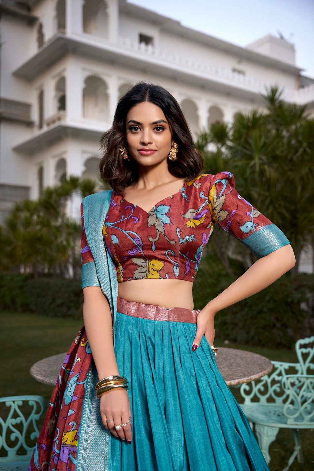 Lorenvalley Firozi Dola Silk with Jacquard Printed (Kalamkari) with Zari Weaving Border Lehenga Choli