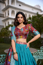 Lorenvalley Firozi Dola Silk with Jacquard Printed (Kalamkari) with Zari Weaving Border Lehenga Choli