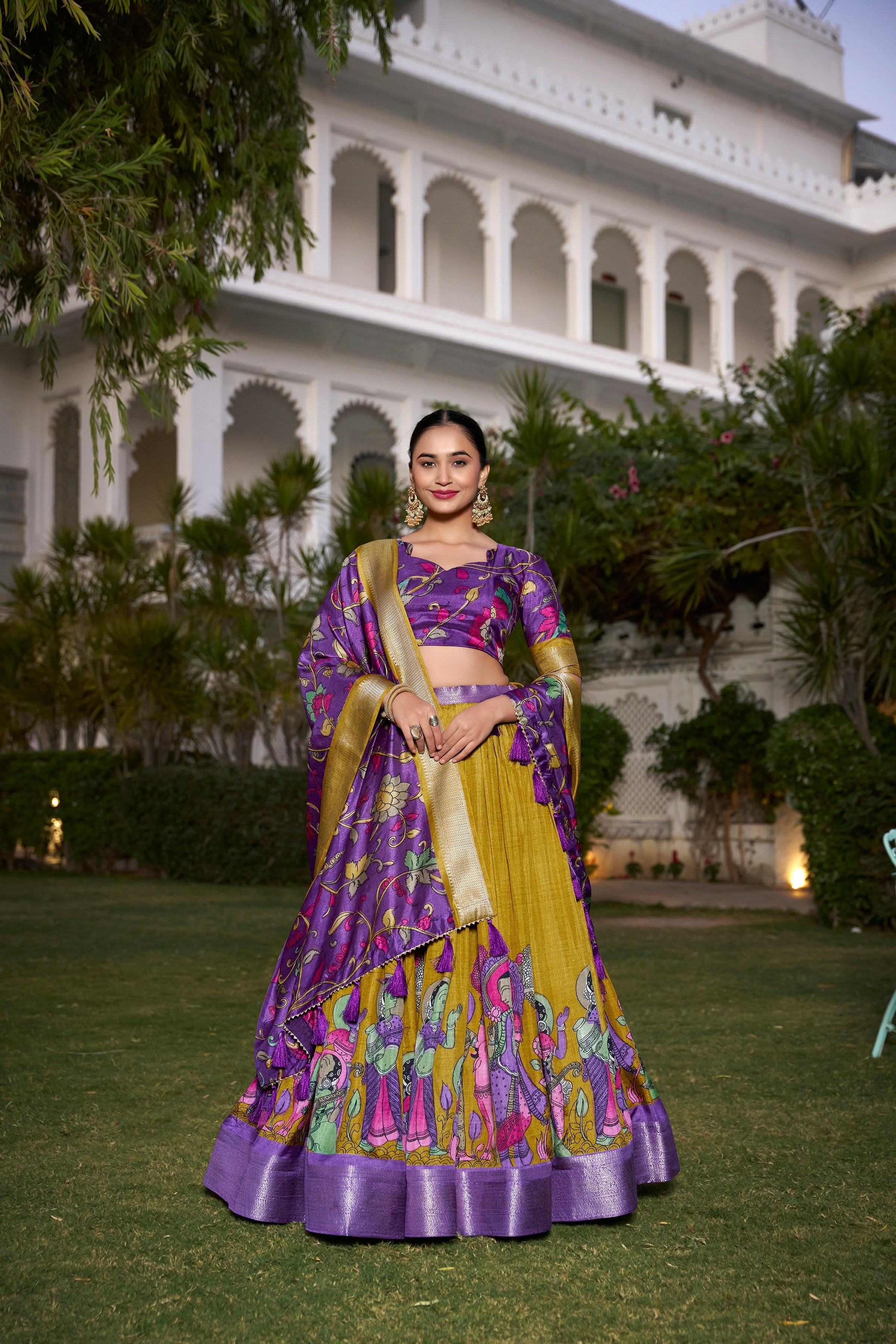 Lorenvalley Mustard Dola Silk with Jacquard Printed (Kalamkari) with Zari Weaving Border Lehenga Choli