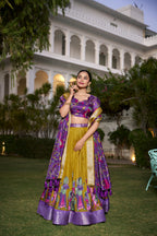 Lorenvalley Mustard Dola Silk with Jacquard Printed (Kalamkari) with Zari Weaving Border Lehenga Choli