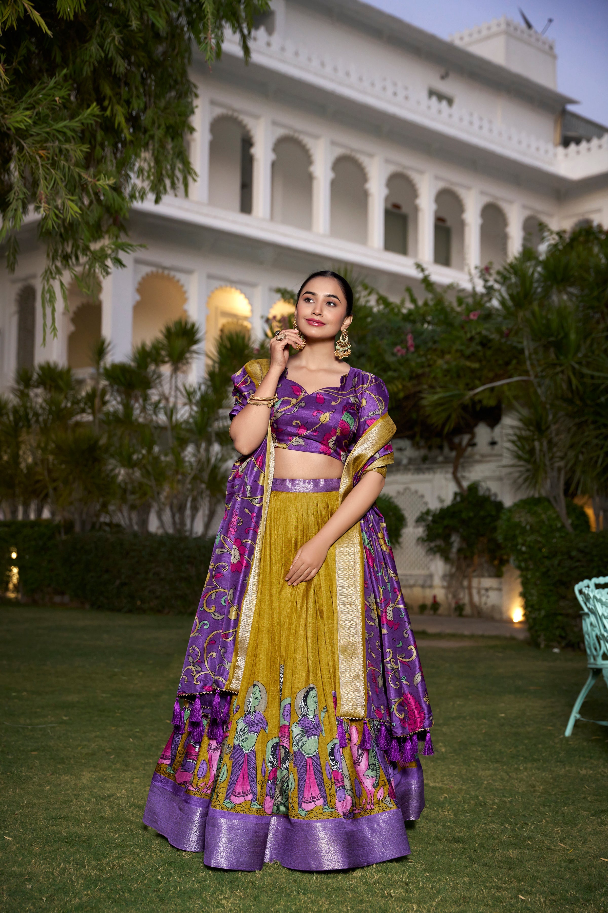 Lorenvalley Mustard Dola Silk with Jacquard Printed (Kalamkari) with Zari Weaving Border Lehenga Choli