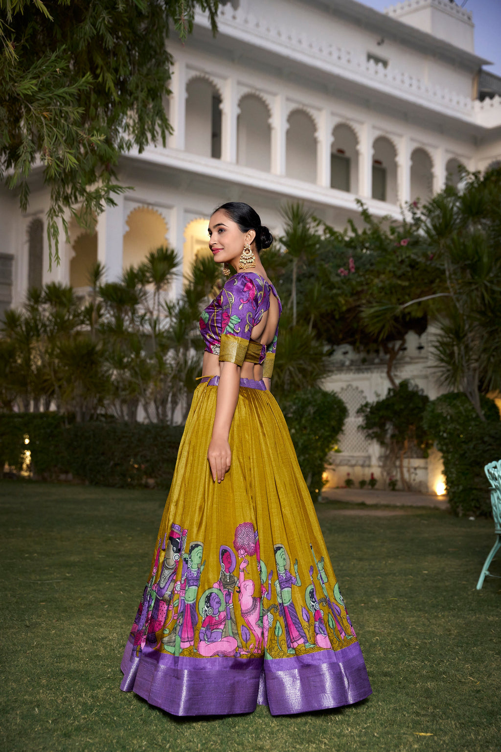 Lorenvalley Mustard Dola Silk with Jacquard Printed (Kalamkari) with Zari Weaving Border Lehenga Choli