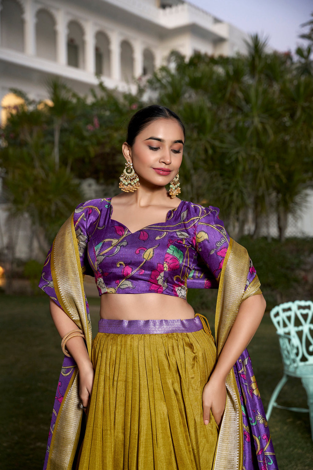 Lorenvalley Mustard Dola Silk with Jacquard Printed (Kalamkari) with Zari Weaving Border Lehenga Choli