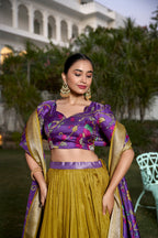 Lorenvalley Mustard Dola Silk with Jacquard Printed (Kalamkari) with Zari Weaving Border Lehenga Choli