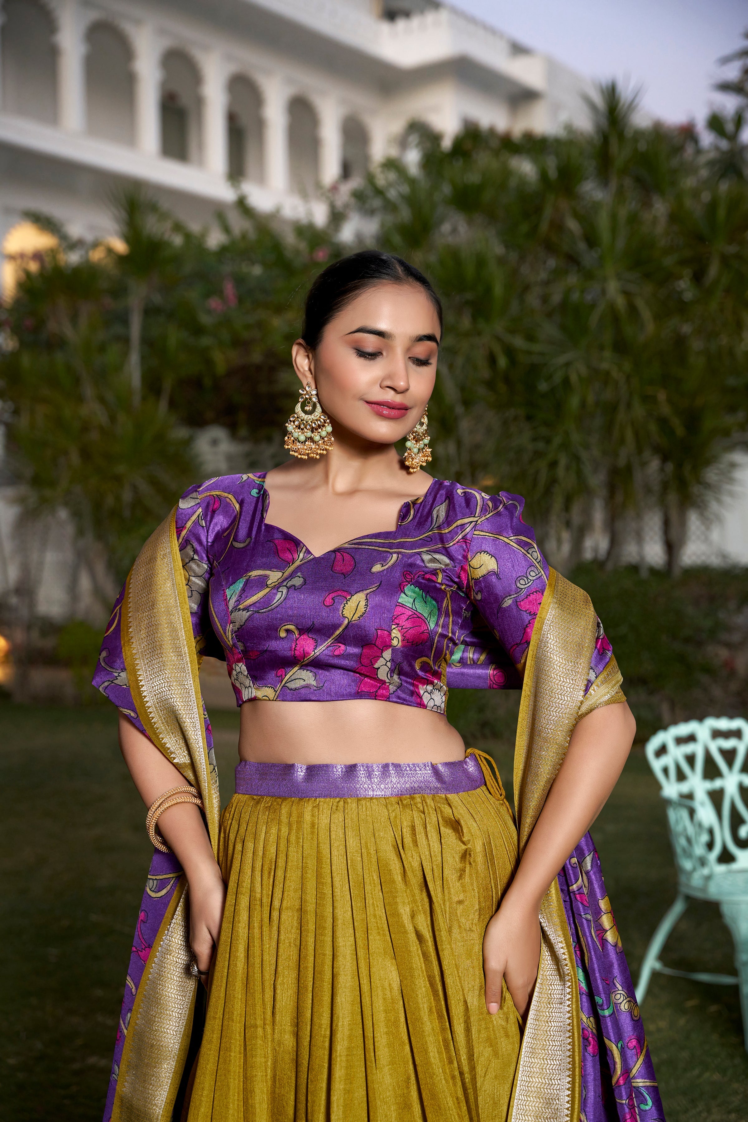 Lorenvalley Mustard Dola Silk with Jacquard Printed (Kalamkari) with Zari Weaving Border Lehenga Choli