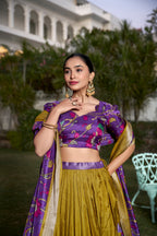 Lorenvalley Mustard Dola Silk with Jacquard Printed (Kalamkari) with Zari Weaving Border Lehenga Choli
