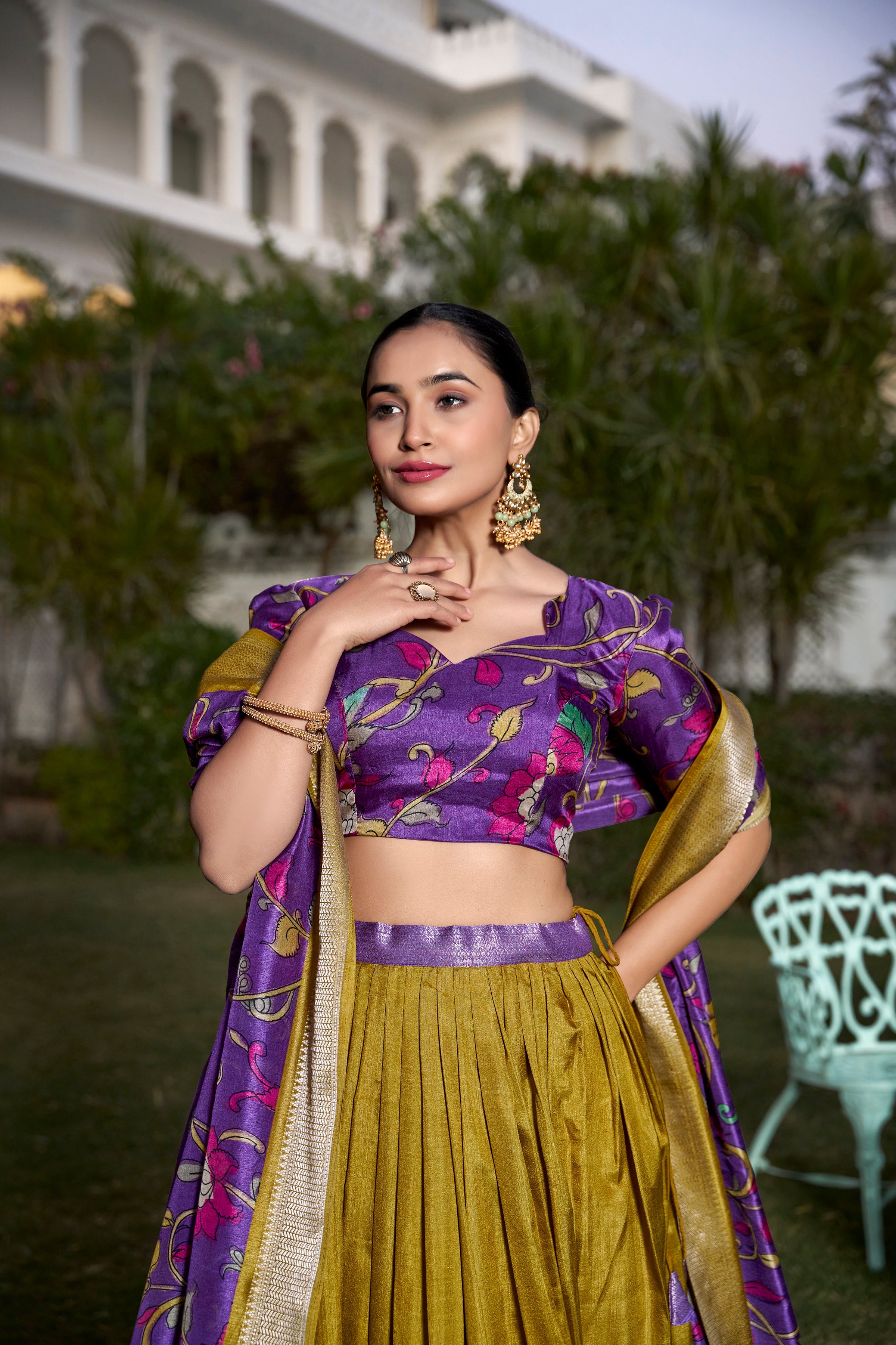 Lorenvalley Mustard Dola Silk with Jacquard Printed (Kalamkari) with Zari Weaving Border Lehenga Choli
