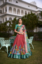 Lorenvalley Rust Dola Silk with Jacquard Printed (Kalamkari) with Zari Weaving Border Lehenga Choli