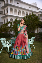 Lorenvalley Rust Dola Silk with Jacquard Printed (Kalamkari) with Zari Weaving Border Lehenga Choli