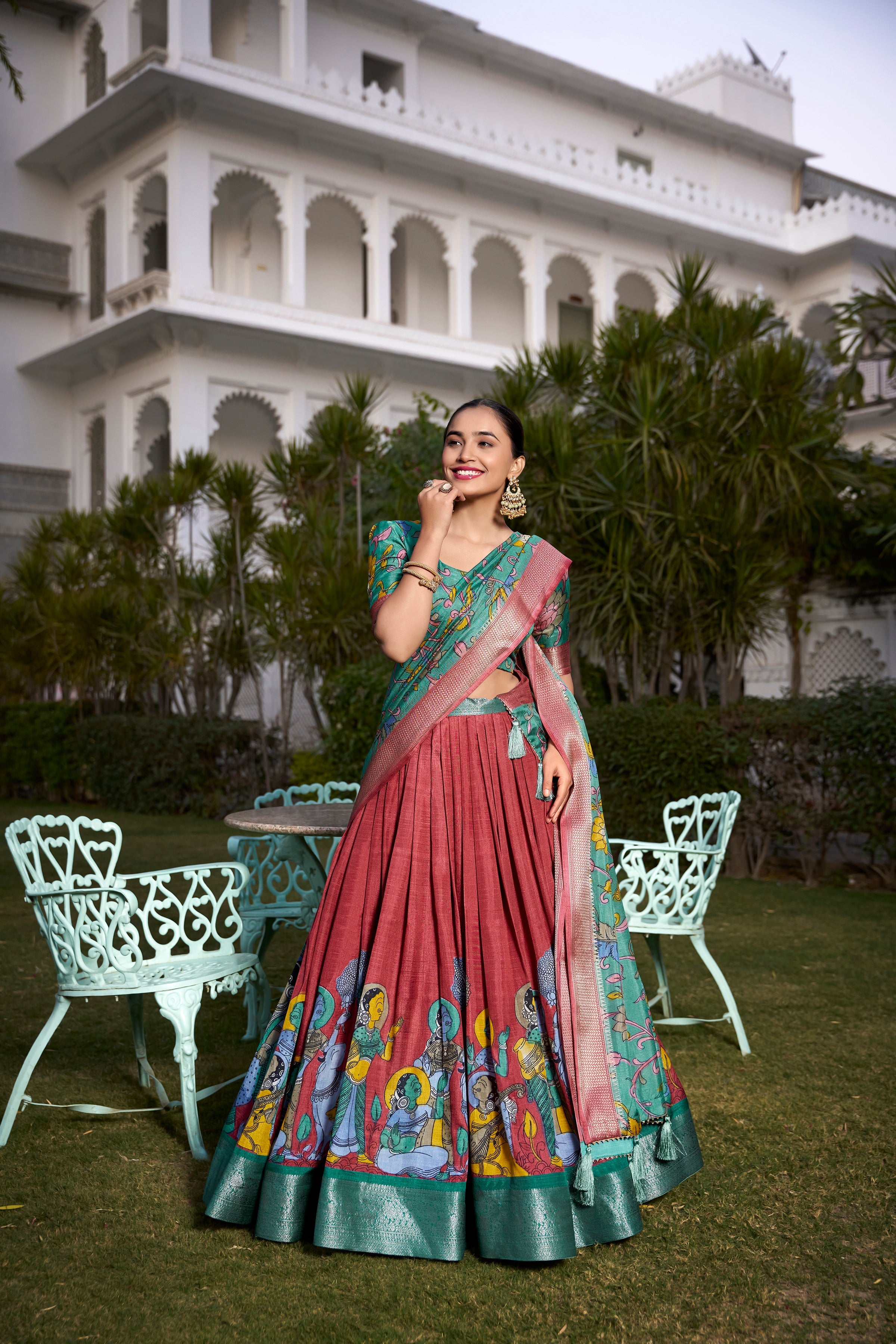 Lorenvalley Rust Dola Silk with Jacquard Printed (Kalamkari) with Zari Weaving Border Lehenga Choli