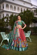 Lorenvalley Rust Dola Silk with Jacquard Printed (Kalamkari) with Zari Weaving Border Lehenga Choli