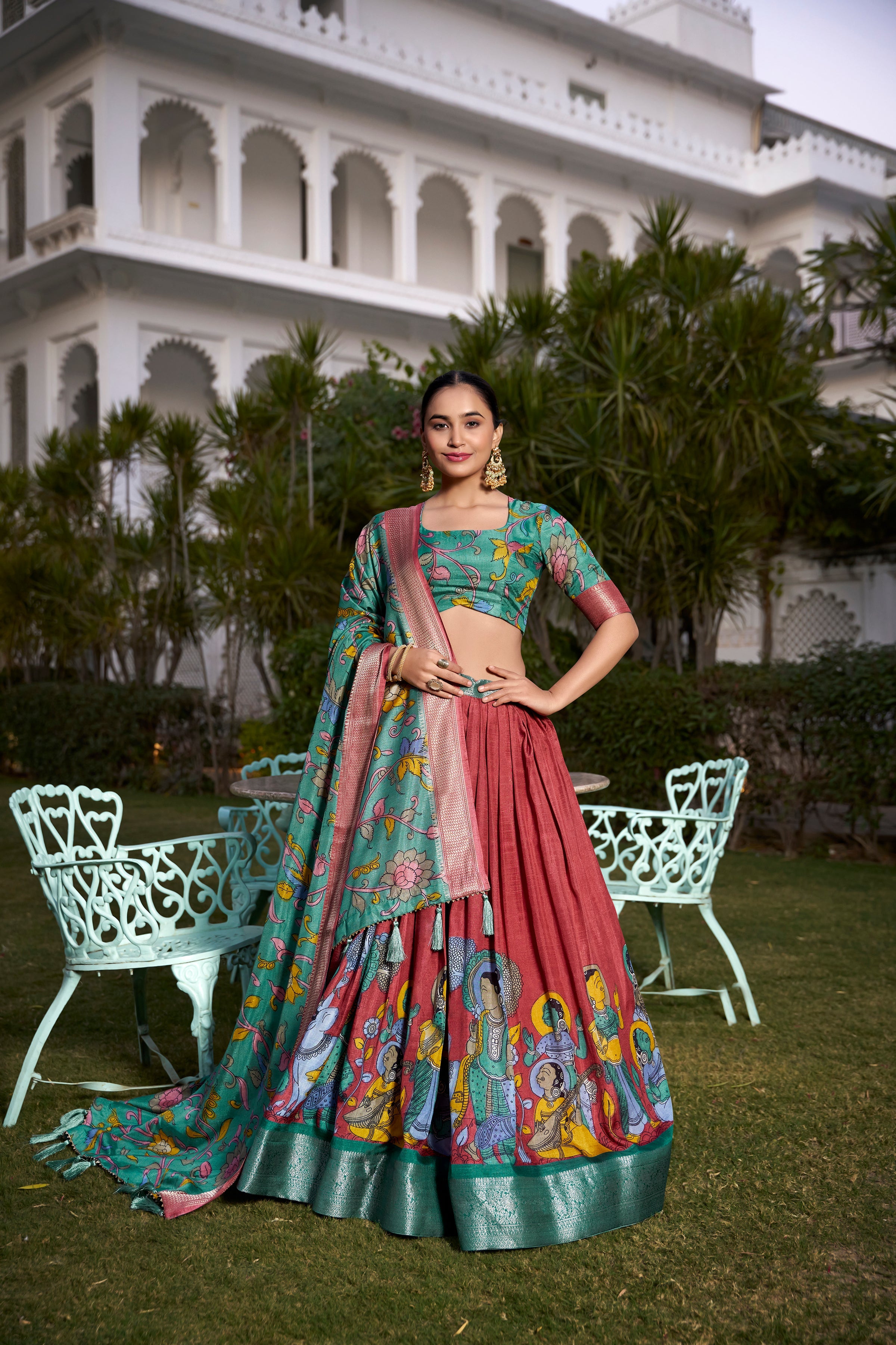 Lorenvalley Rust Dola Silk with Jacquard Printed (Kalamkari) with Zari Weaving Border Lehenga Choli