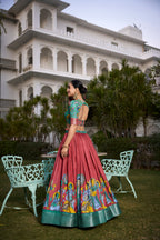 Lorenvalley Rust Dola Silk with Jacquard Printed (Kalamkari) with Zari Weaving Border Lehenga Choli