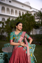 Lorenvalley Rust Dola Silk with Jacquard Printed (Kalamkari) with Zari Weaving Border Lehenga Choli