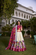 Lorenvalley White Dola Silk with Jacquard Printed (Kalamkari) with Zari Weaving Border Lehenga Choli