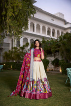 Lorenvalley White Dola Silk with Jacquard Printed (Kalamkari) with Zari Weaving Border Lehenga Choli