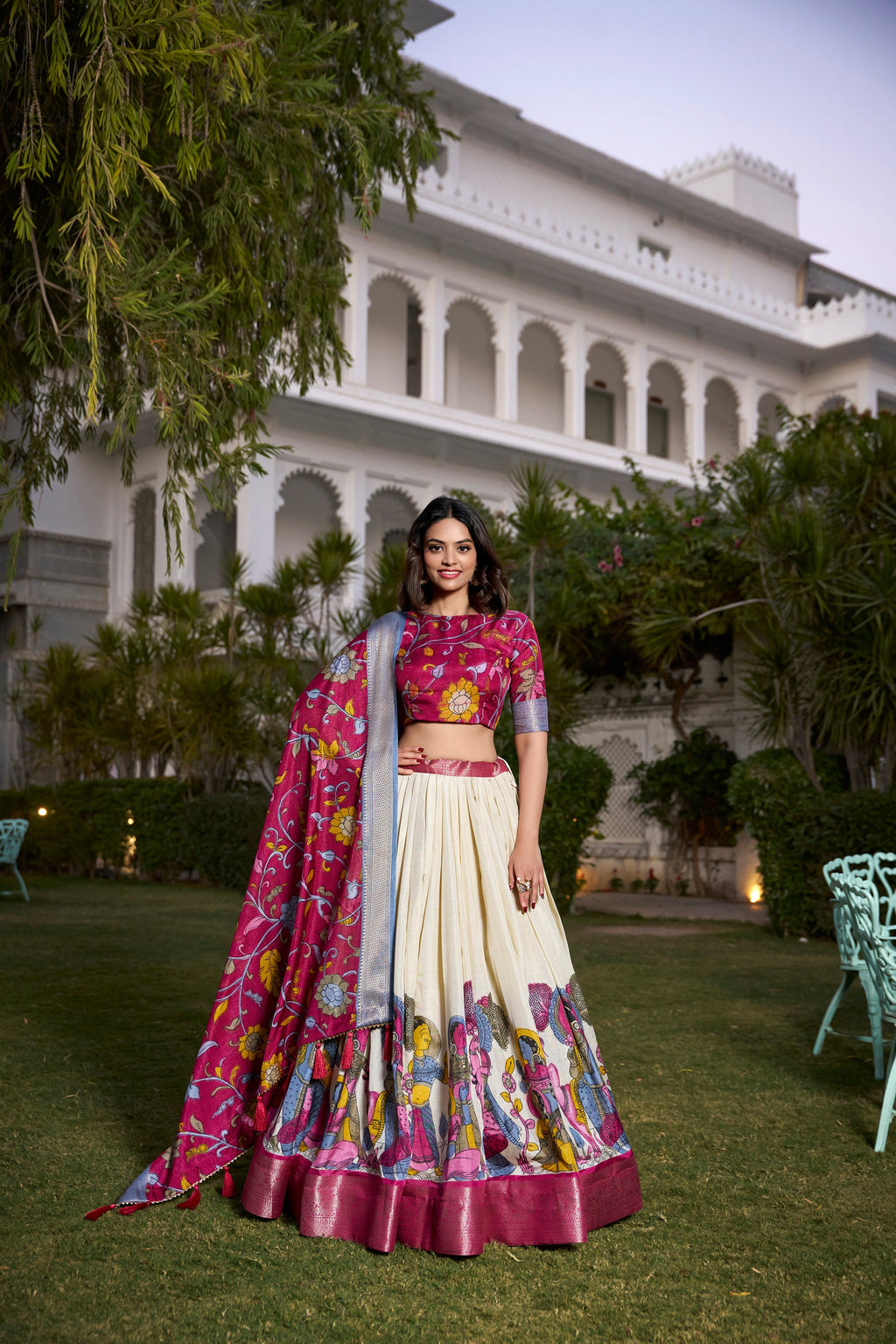 Lorenvalley White Dola Silk with Jacquard Printed (Kalamkari) with Zari Weaving Border Lehenga Choli