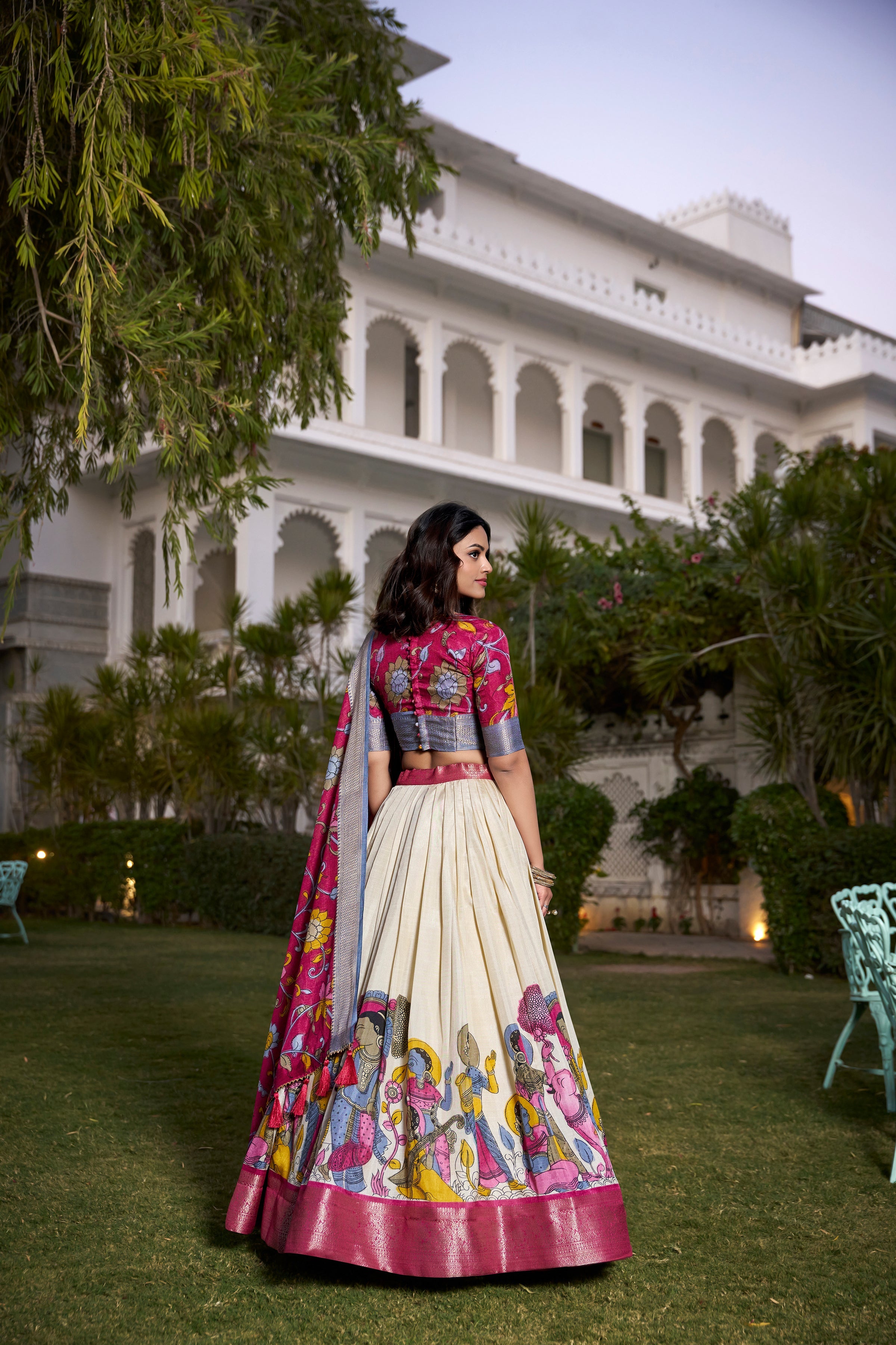 Lorenvalley White Dola Silk with Jacquard Printed (Kalamkari) with Zari Weaving Border Lehenga Choli