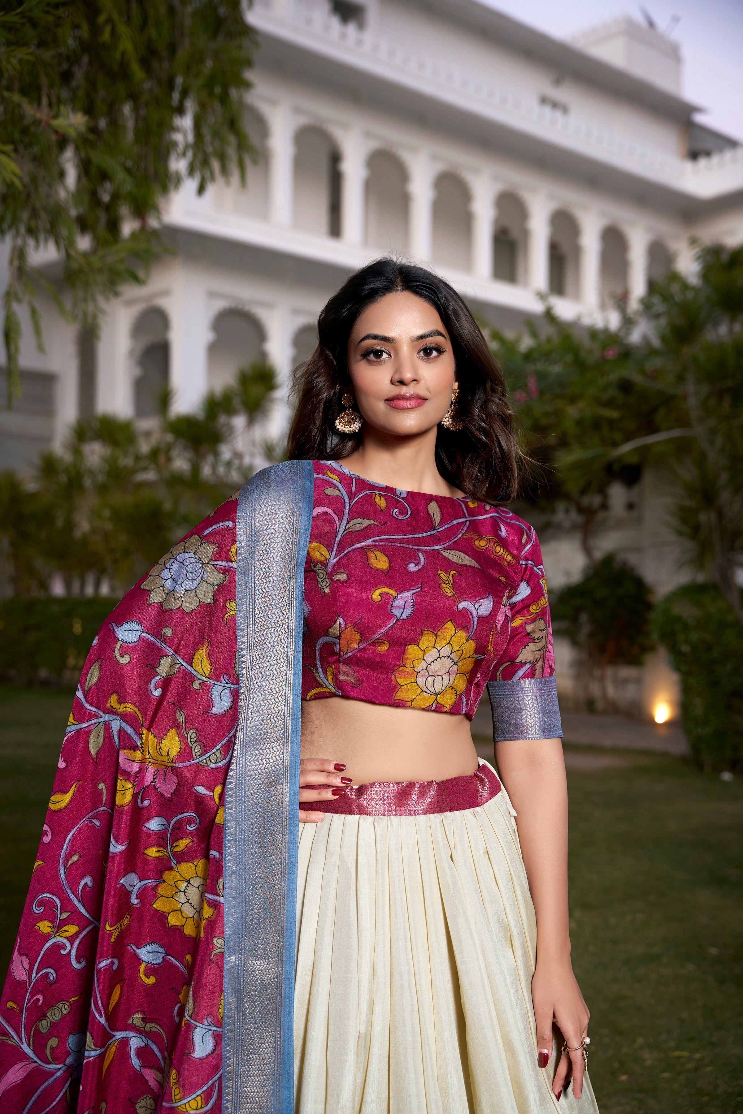 Lorenvalley White Dola Silk with Jacquard Printed (Kalamkari) with Zari Weaving Border Lehenga Choli