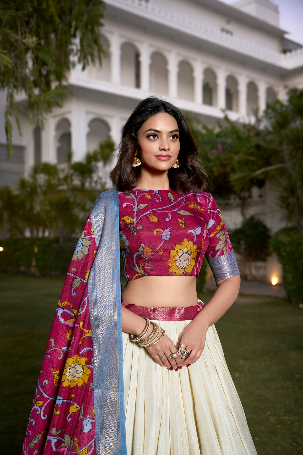 Lorenvalley White Dola Silk with Jacquard Printed (Kalamkari) with Zari Weaving Border Lehenga Choli