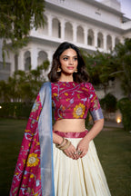 Lorenvalley White Dola Silk with Jacquard Printed (Kalamkari) with Zari Weaving Border Lehenga Choli