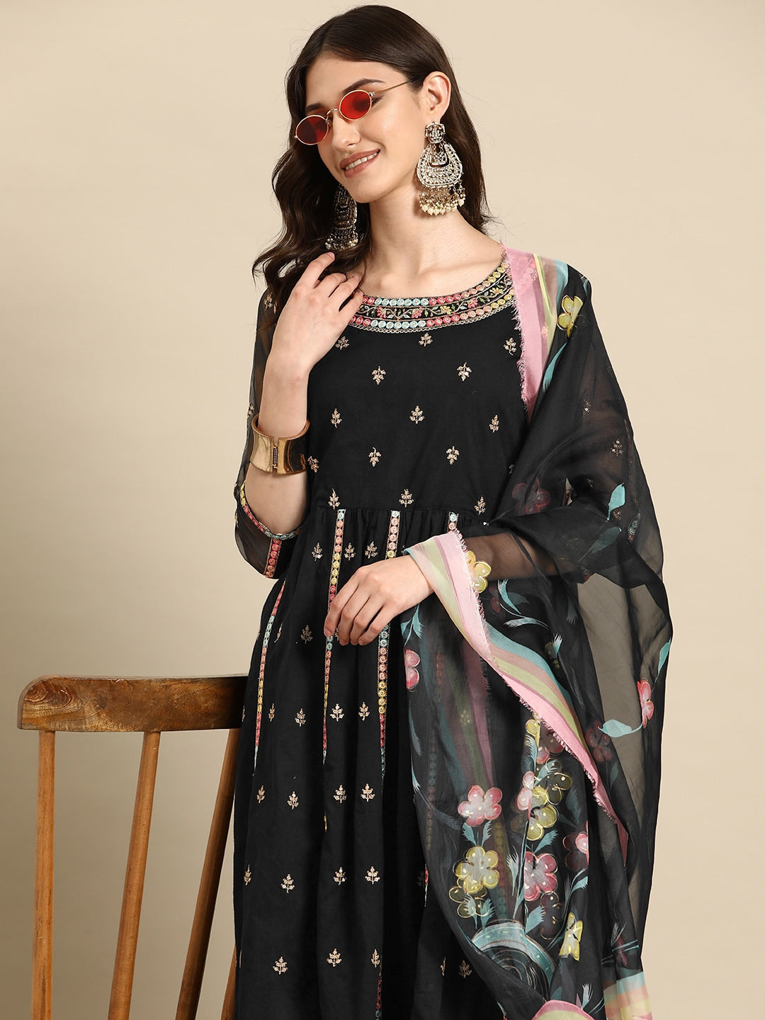 Sangria Women Embroidered Mirror Work Pure Cotton Kurta with Trousers & With Dupatta