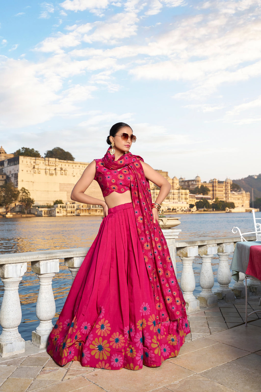 Lorenvalley Pink Tussar Silk Floral Print With Foil Work Lehenga Choli