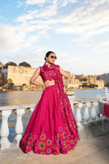Lorenvalley Pink Tussar Silk Floral Print With Foil Work Lehenga Choli