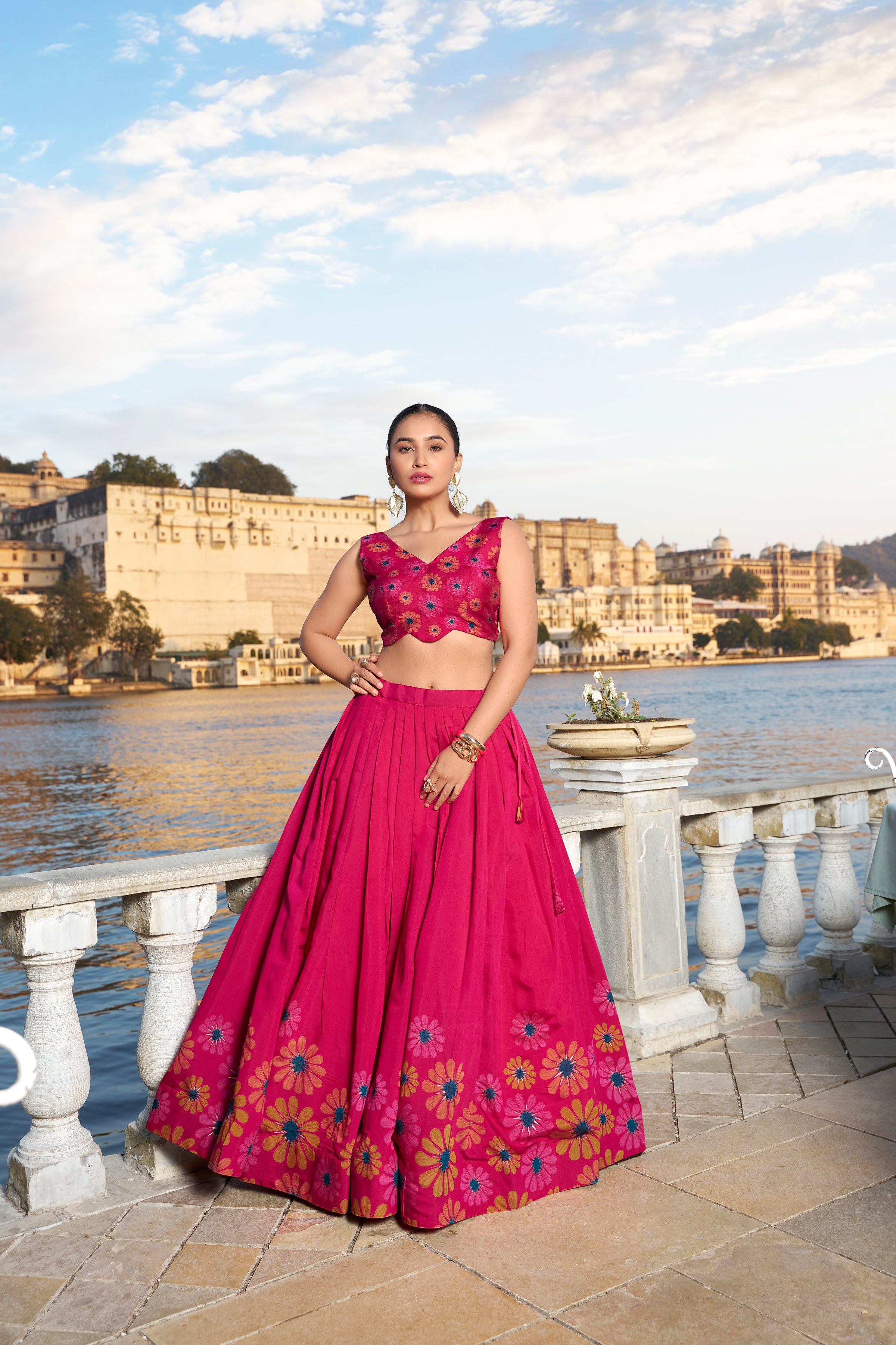 Lorenvalley Pink Tussar Silk Floral Print With Foil Work Lehenga Choli