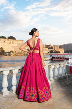 Lorenvalley Pink Tussar Silk Floral Print With Foil Work Lehenga Choli