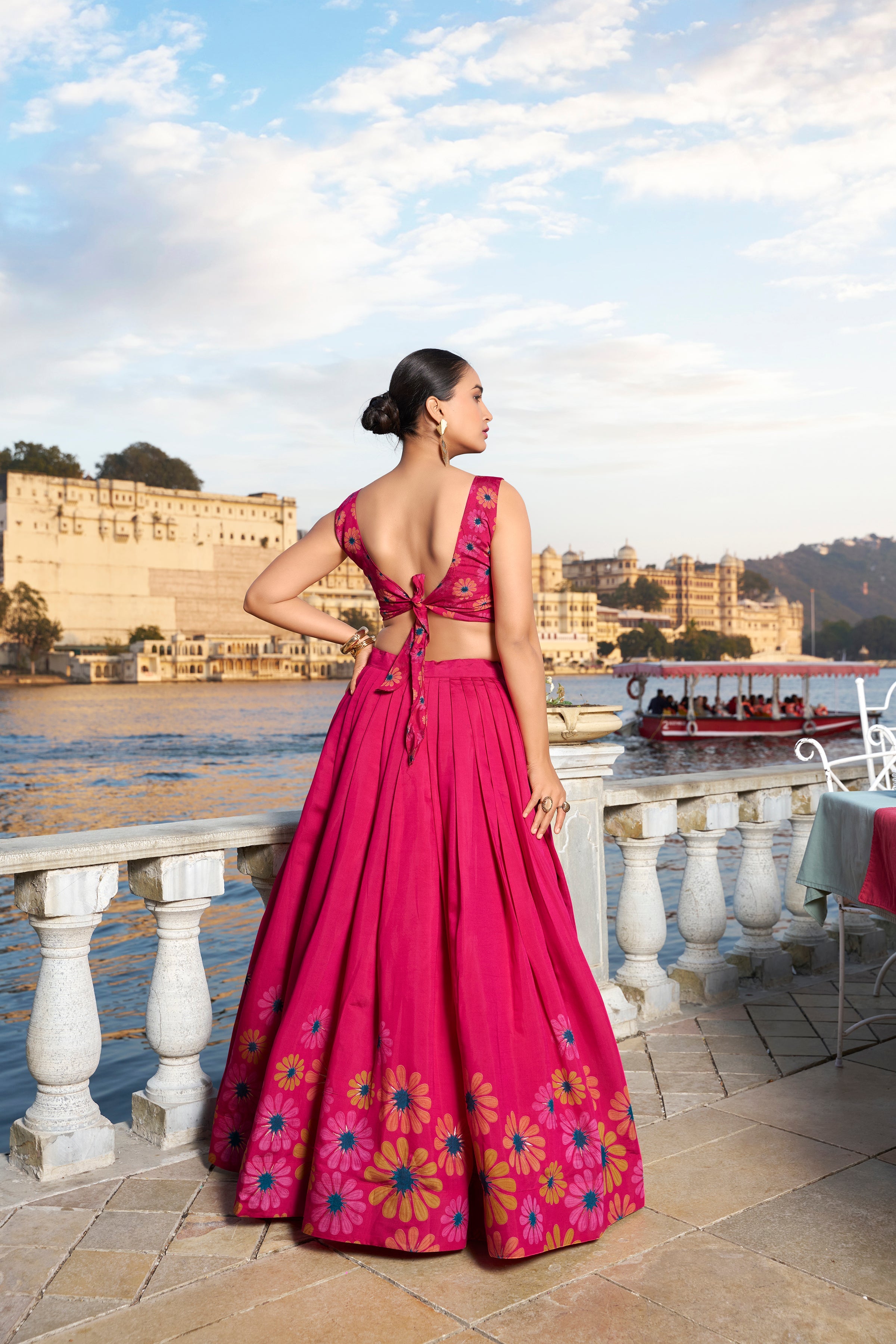 Lorenvalley Pink Tussar Silk Floral Print With Foil Work Lehenga Choli