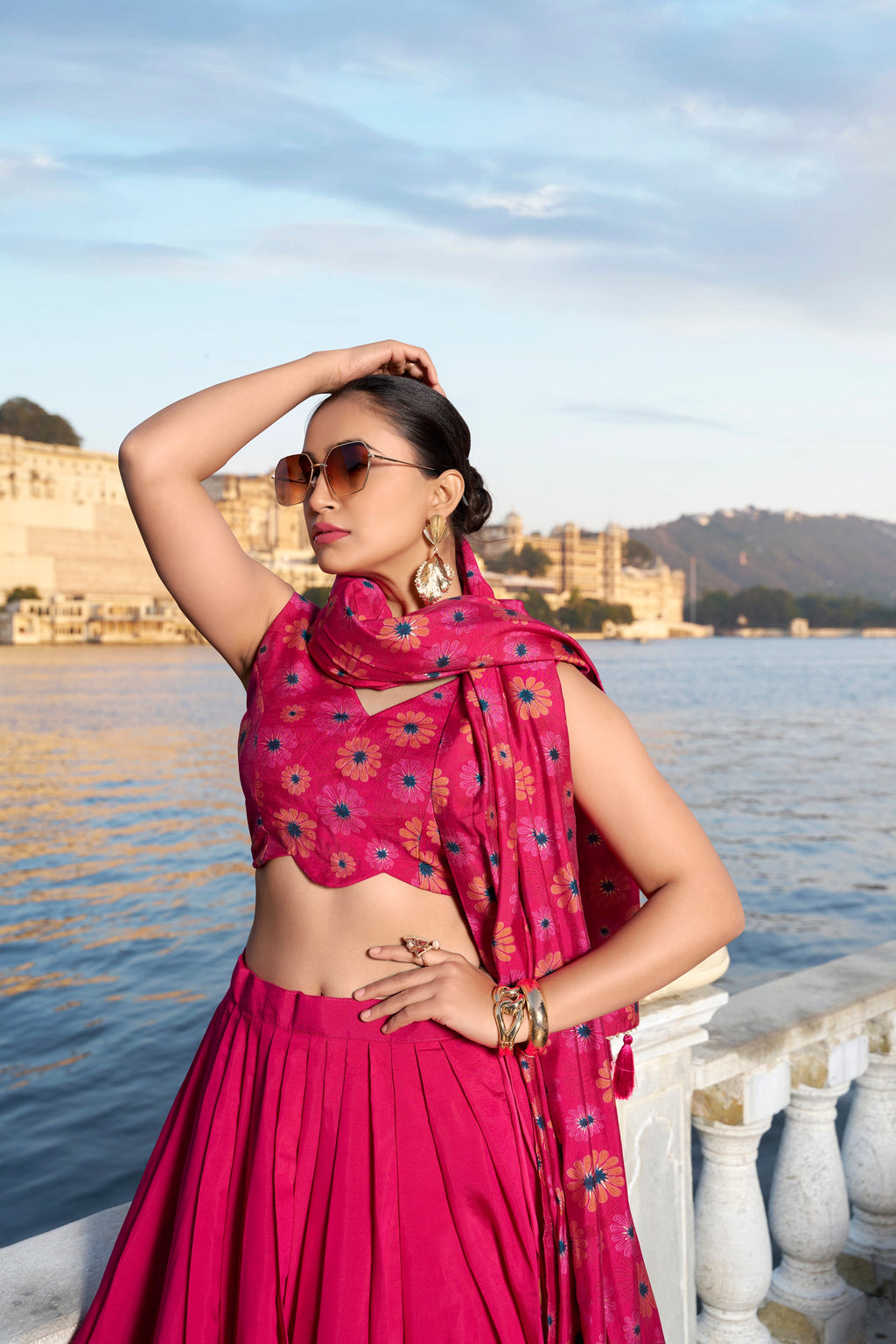 Lorenvalley Pink Tussar Silk Floral Print With Foil Work Lehenga Choli