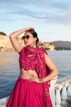 Lorenvalley Pink Tussar Silk Floral Print With Foil Work Lehenga Choli