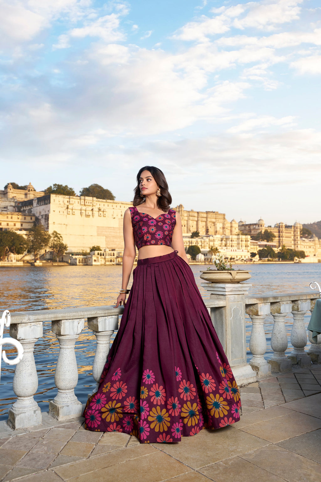 Lorenvalley Wine Tussar Silk Floral Print With Foil Work Lehenga Choli