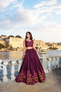 Lorenvalley Wine Tussar Silk Floral Print With Foil Work Lehenga Choli