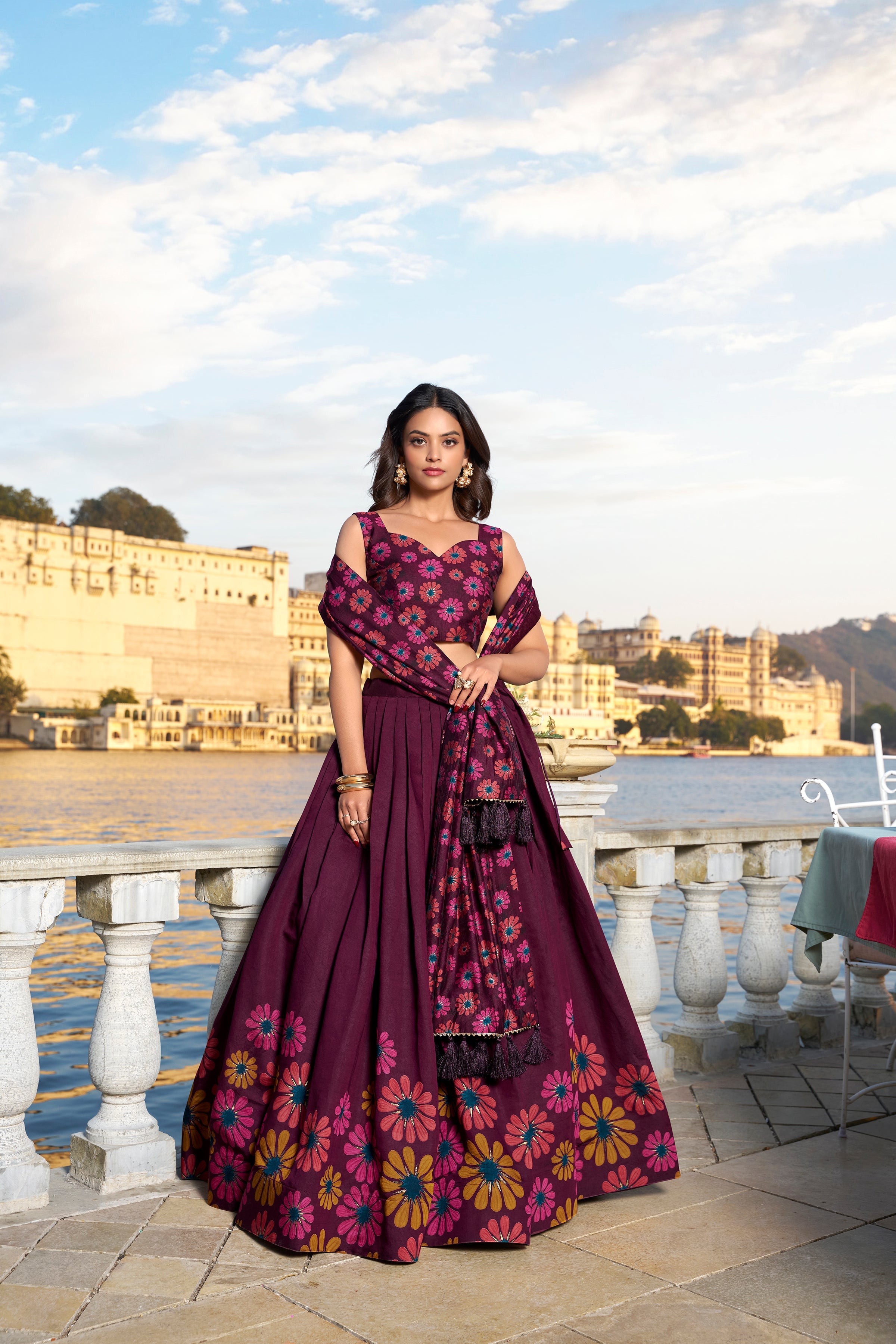 Lorenvalley Wine Tussar Silk Floral Print With Foil Work Lehenga Choli