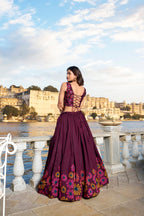 Lorenvalley Wine Tussar Silk Floral Print With Foil Work Lehenga Choli