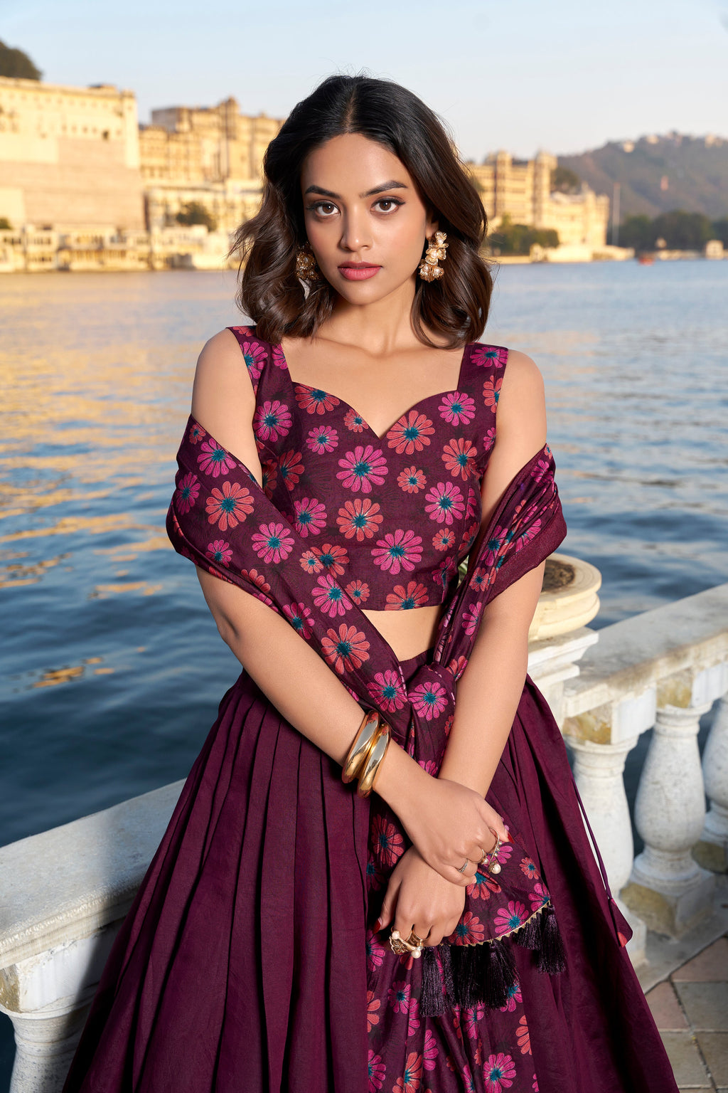 Lorenvalley Wine Tussar Silk Floral Print With Foil Work Lehenga Choli