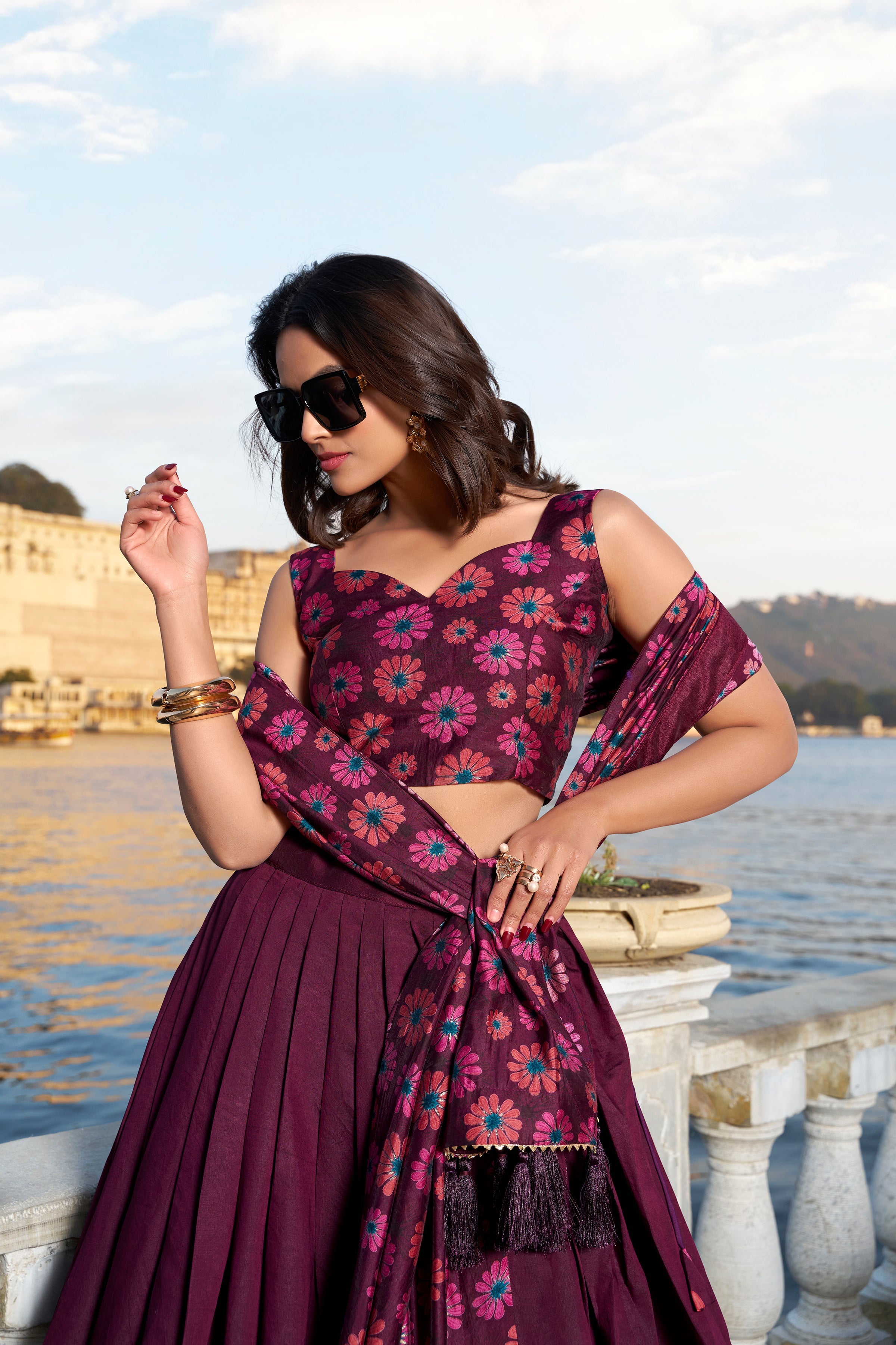 Lorenvalley Wine Tussar Silk Floral Print With Foil Work Lehenga Choli