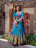 Lorenvalley Firozi Tussar Silk Kalamkari With Foil Work Lehenga Choli