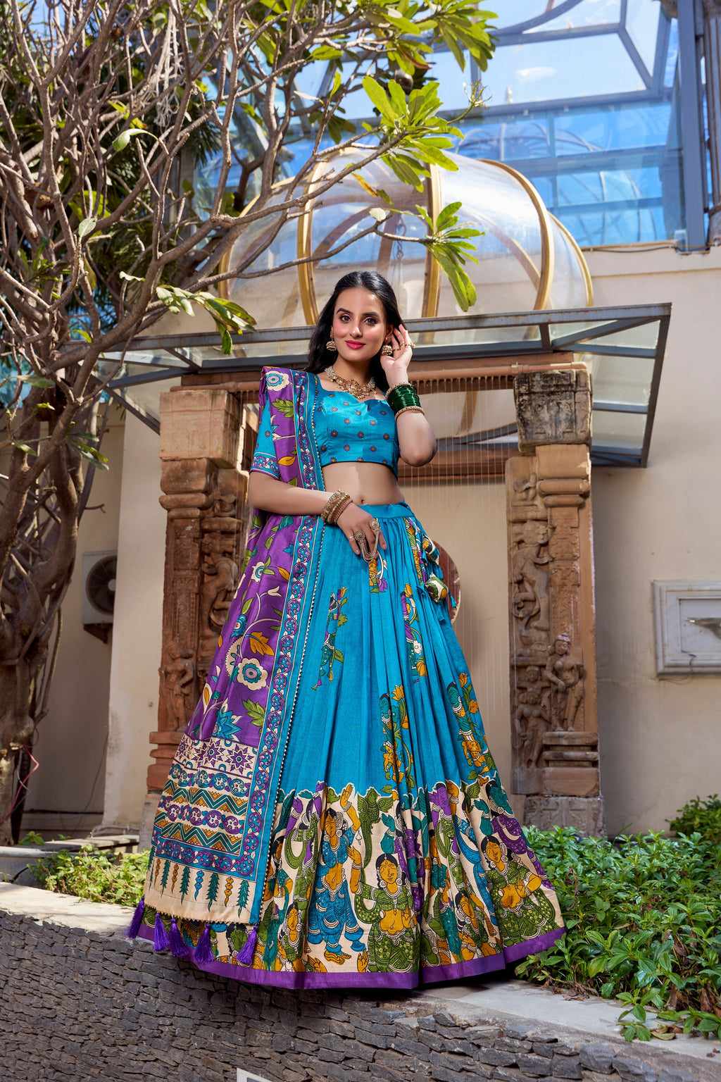 Lorenvalley Firozi Tussar Silk Kalamkari With Foil Work Lehenga Choli