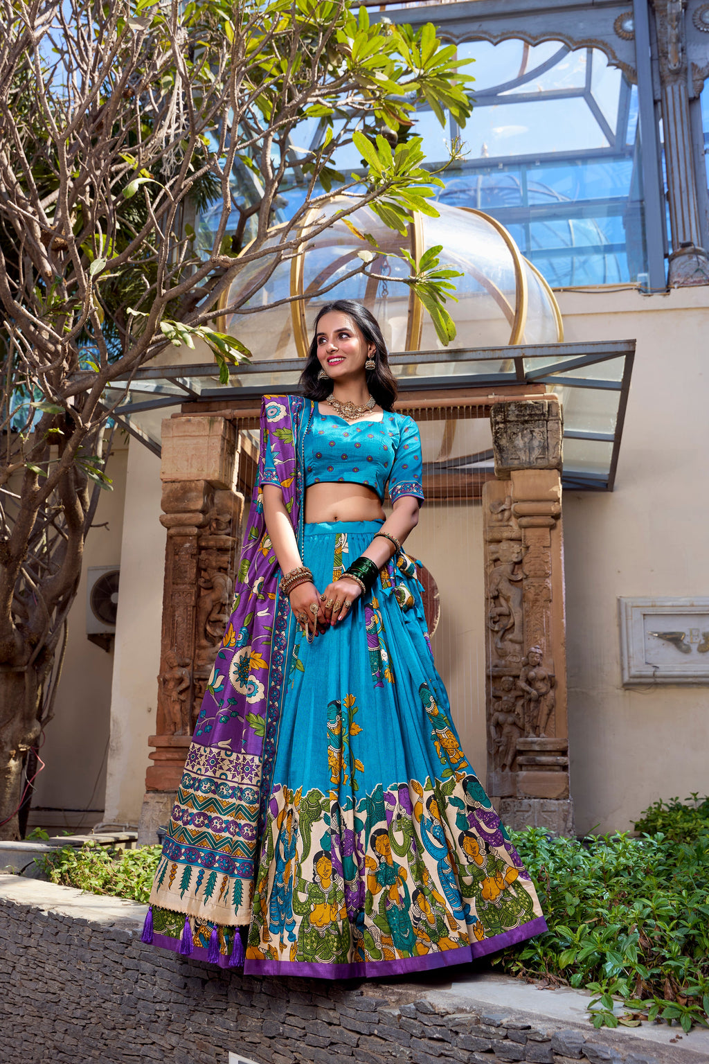 Lorenvalley Firozi Tussar Silk Kalamkari With Foil Work Lehenga Choli