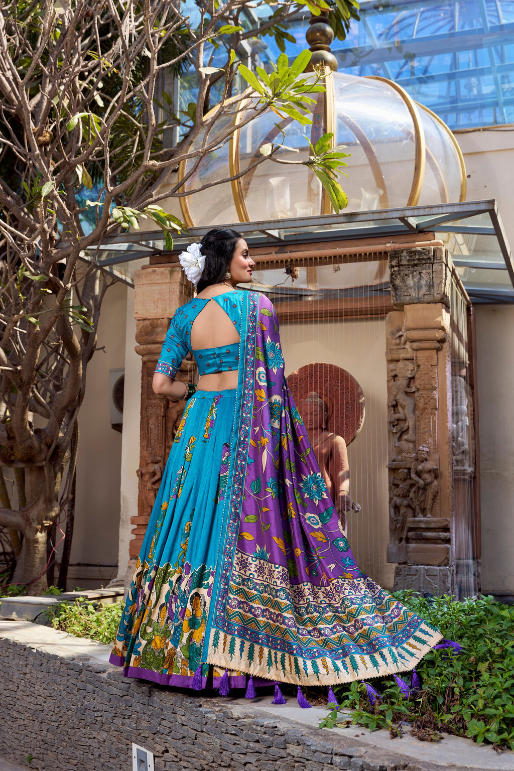 Lorenvalley Firozi Tussar Silk Kalamkari With Foil Work Lehenga Choli